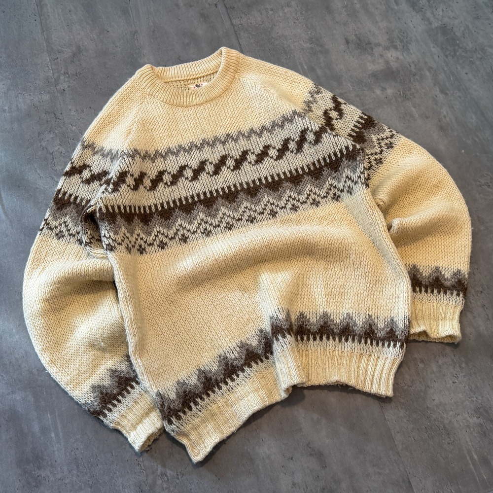 Vintage VTG Y2K 2000's 00's Fair Isle Cream Brown Knit Wool Sweater